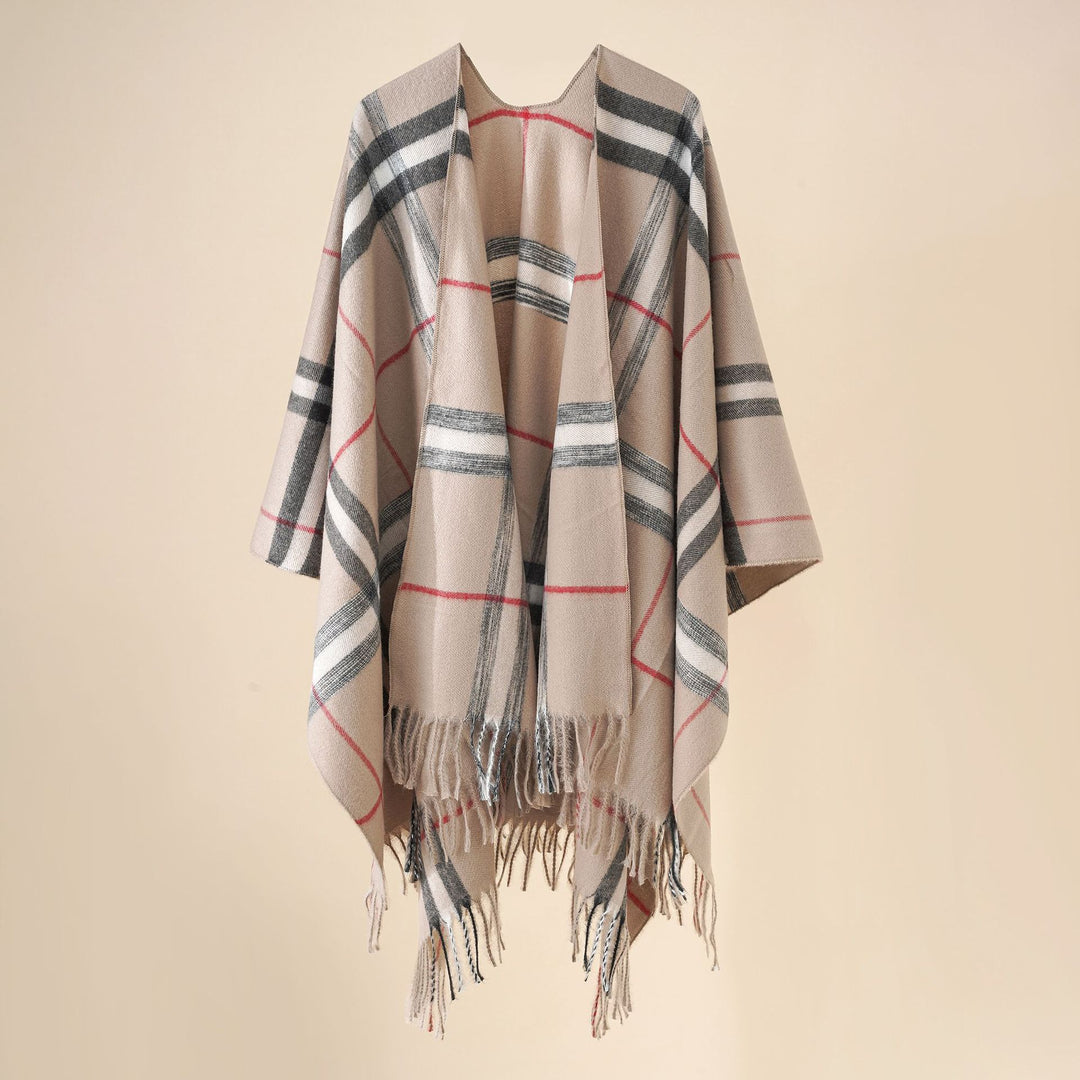 Women's Wool Blend Poncho with Check Pattern and Fringing Mune Fashion