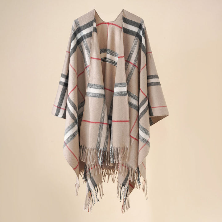 Women's Wool Blend Poncho with Check Pattern and Fringing Mune Fashion