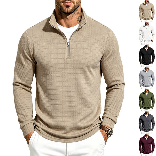 Men's Slim-Fit Pullover with Half Zipper and Embossed Square Texture Mune Fashion