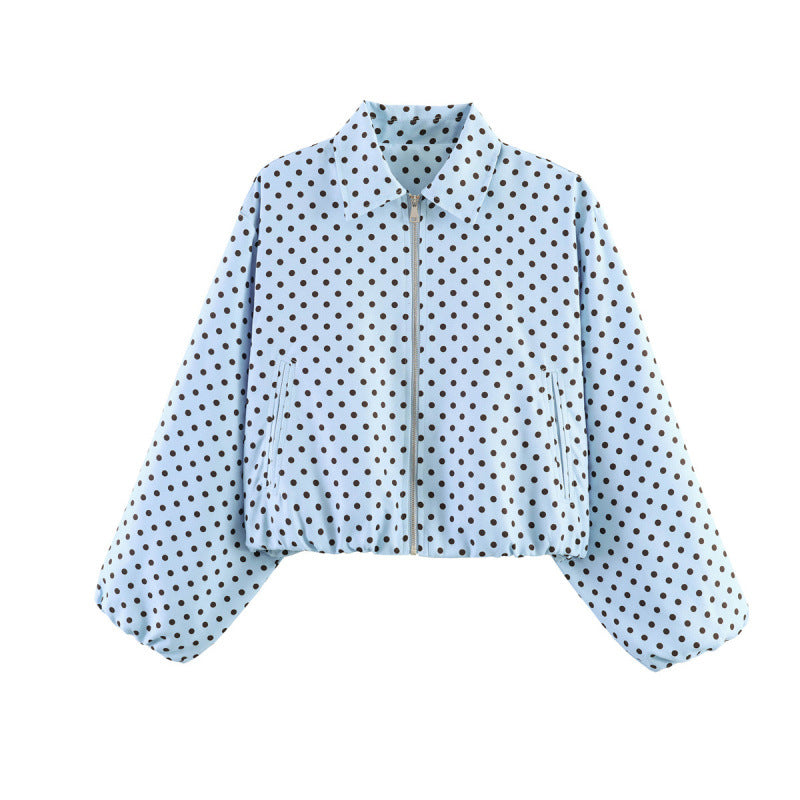 Women Polka Dot Cropped Bomber Jacket in Retro Look with Shirt Collar and Elastic Hem Mune Fashion
