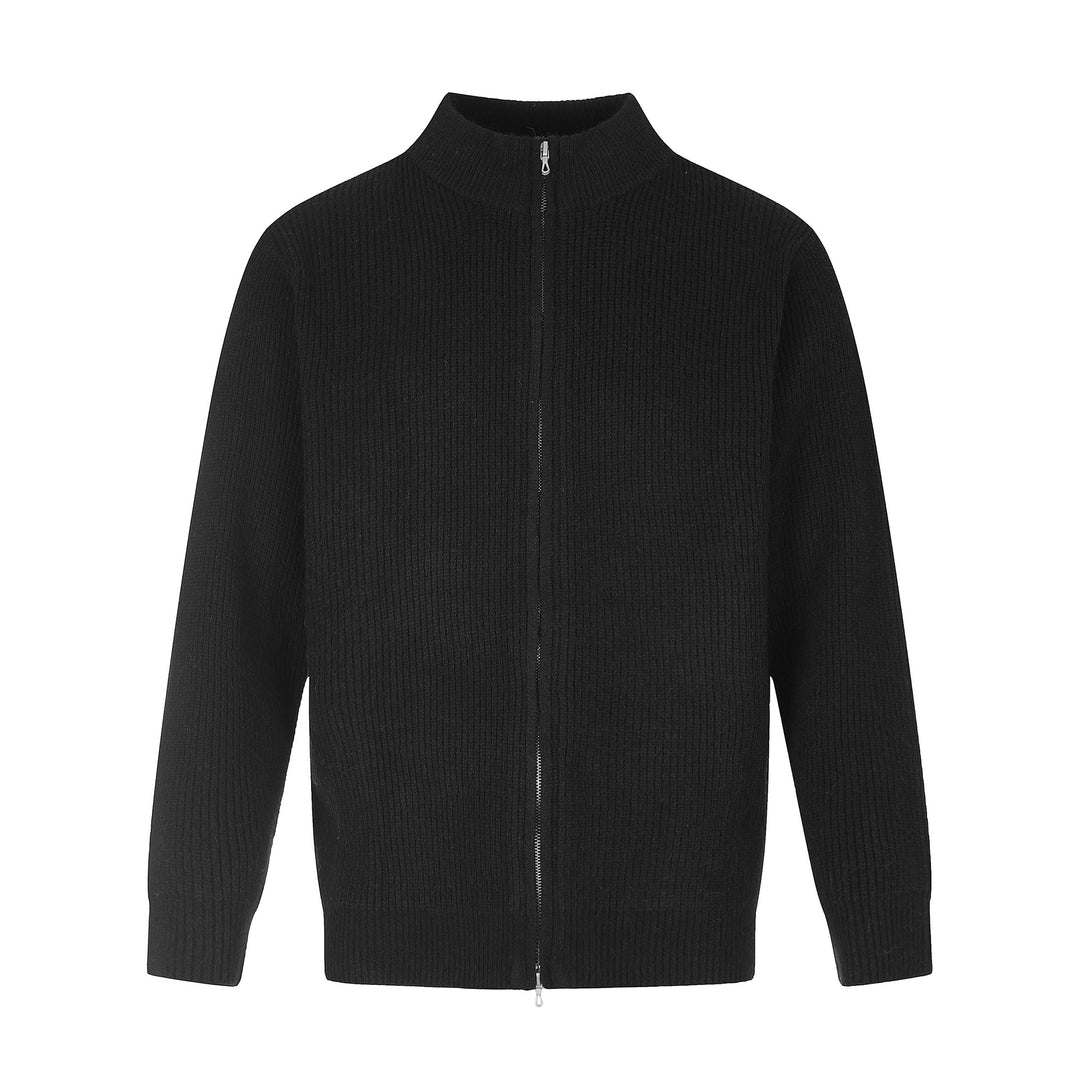 Unisex Ribbed Knit Cardigan with Stand-Up Collar, Two-Way Zipper and Ribbed Texture Mune Fashion