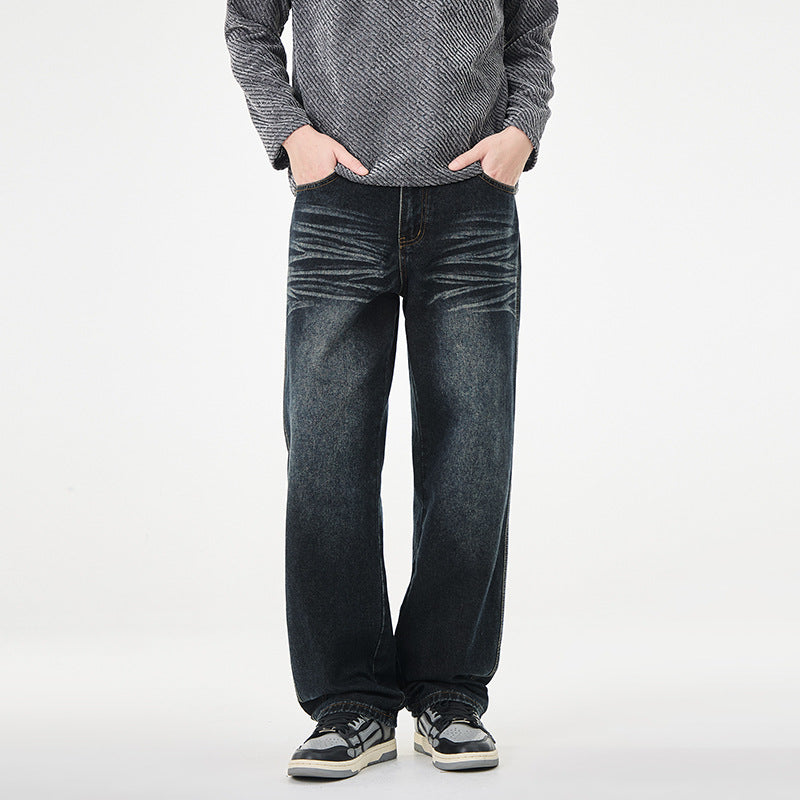 Men's Loose Vintage Denim Jeans with Wrinkle Effect and Low Rise Mune Fashion