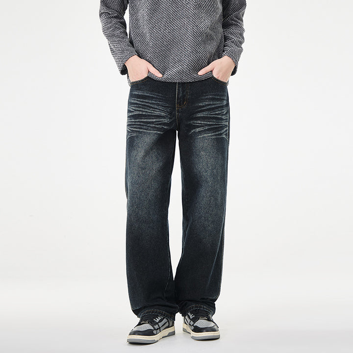 Men's Loose Vintage Denim Jeans with Wrinkle Effect and Low Rise Mune Fashion