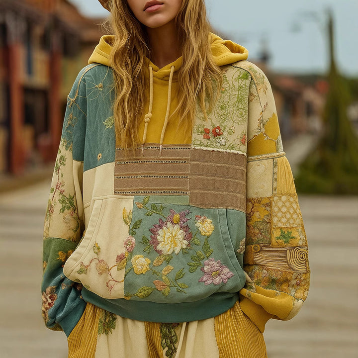 Women's Embroidered Patchwork Hoodie with Flower Applique and Kangaroo Pocket Mune Fashion