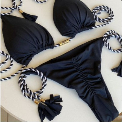 Ladies' triangle bikini with trendy leopard pattern and decorative tassels Mune Fashion