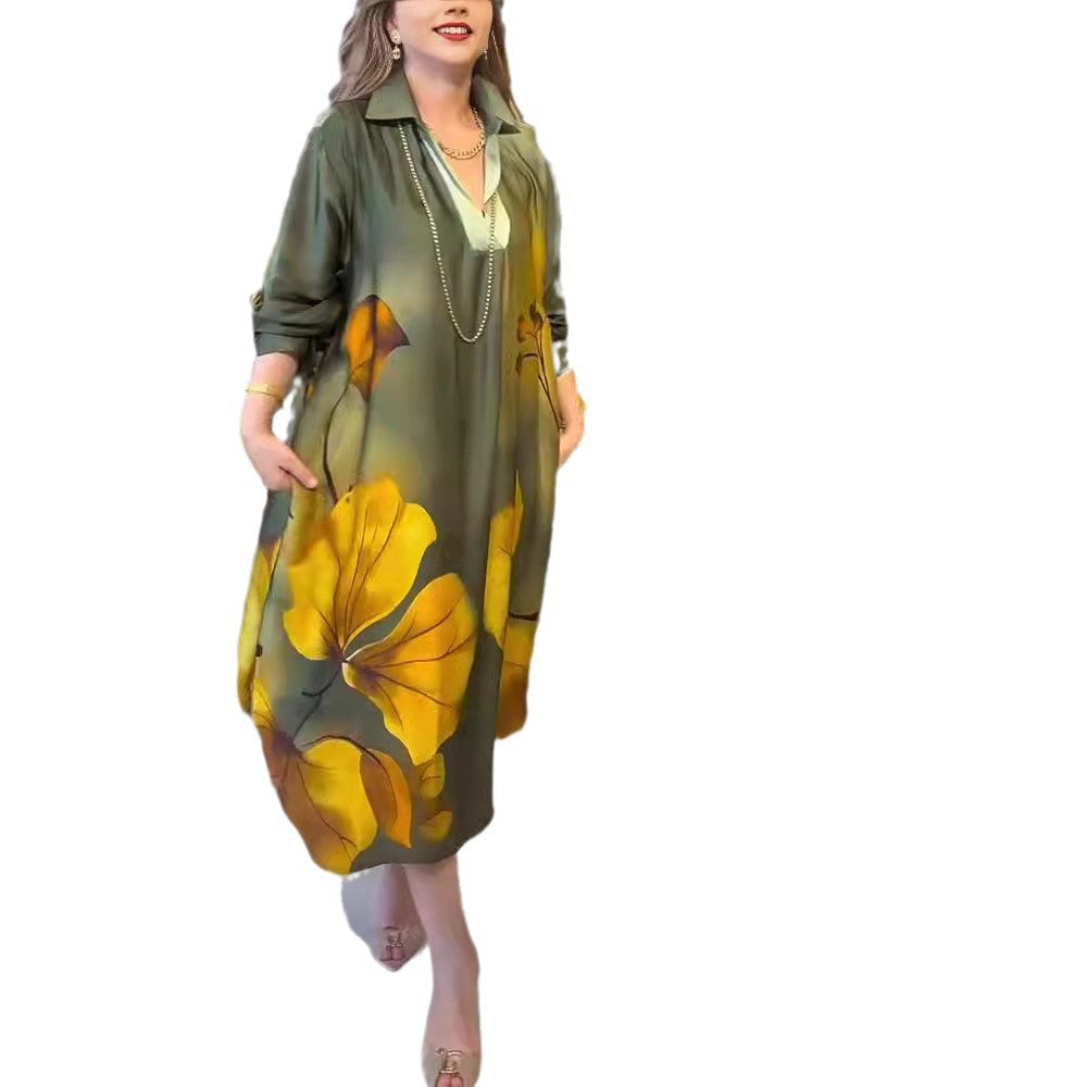 Women's oversized shirt dress in A-line cut with shirt collar and large floral print Mune Fashion