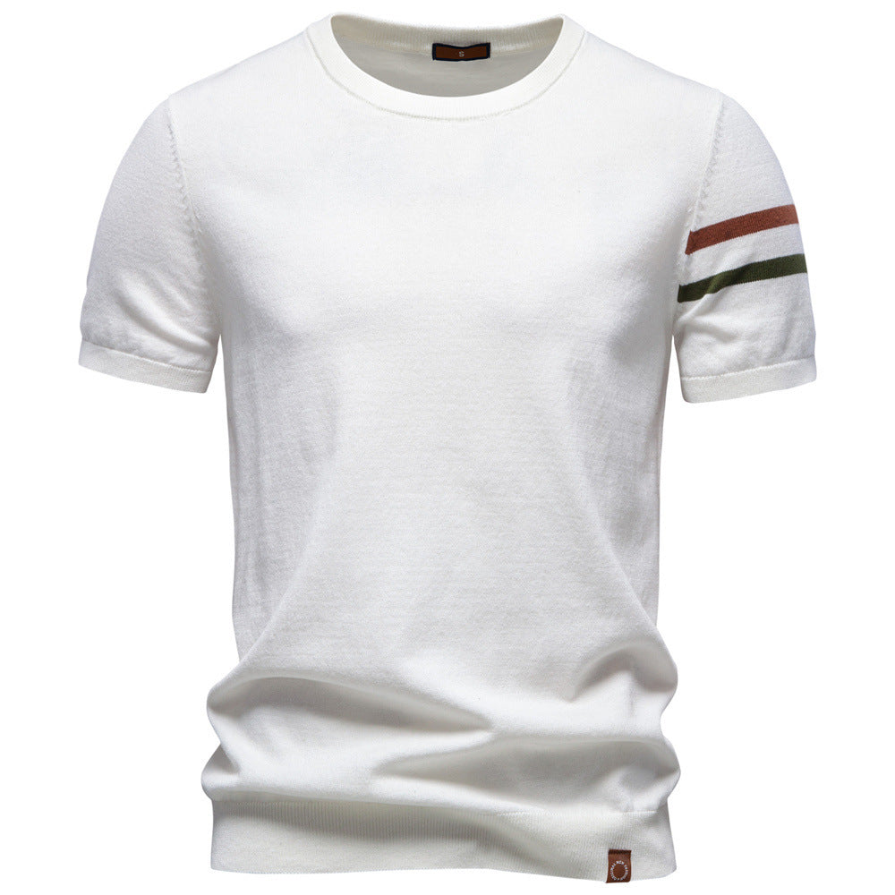 Men's fine cotton knit shirt with round neckline, short sleeves and contrasting sleeve stripes Mune Fashion