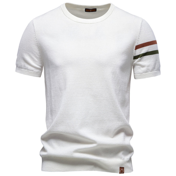 Men's fine cotton knit shirt with round neckline, short sleeves and contrasting sleeve stripes Mune Fashion