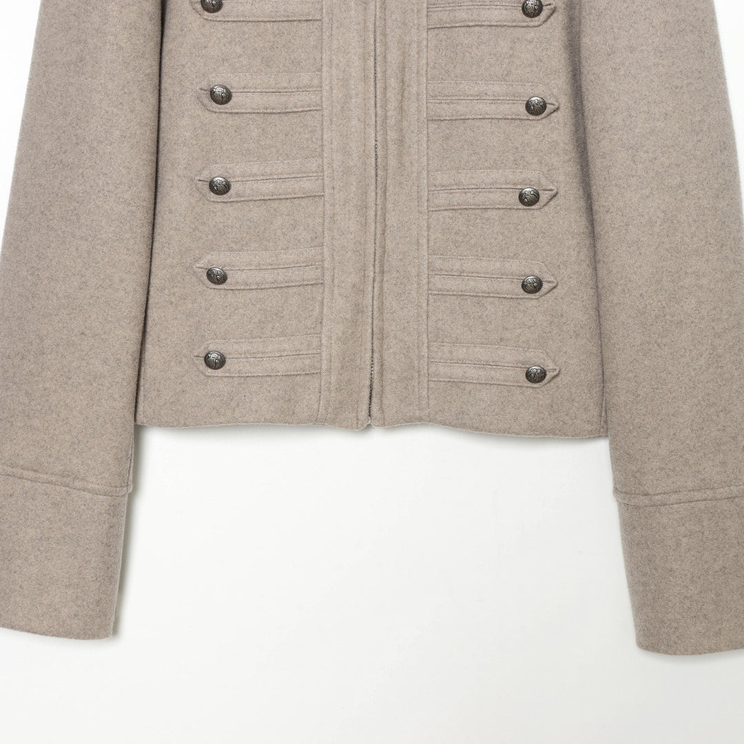 Women's Short Jacket Military-inspired Wool Blend Cropped Jacket with Stand Collar, Epaulettes and Decorative Button Placket Mune Fashion