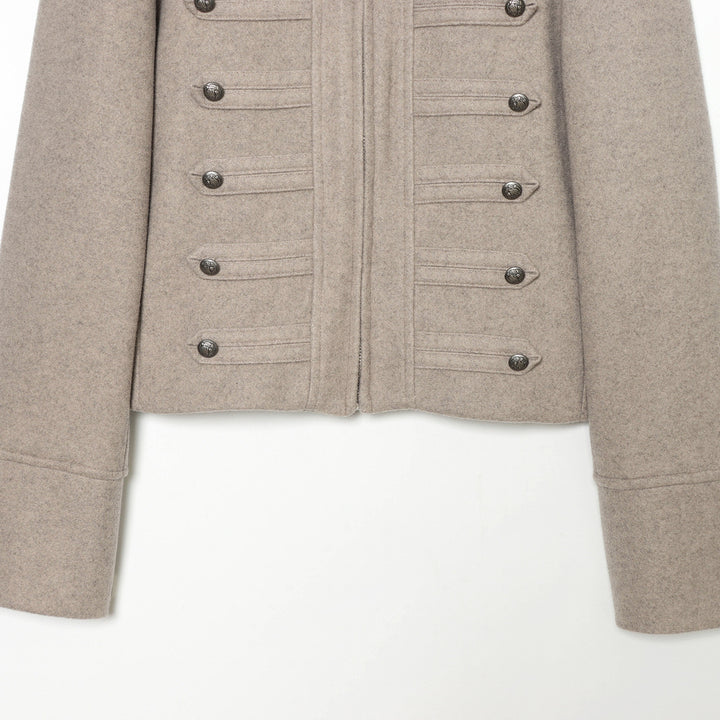 Women's Short Jacket Military-inspired Wool Blend Cropped Jacket with Stand Collar, Epaulettes and Decorative Button Placket Mune Fashion