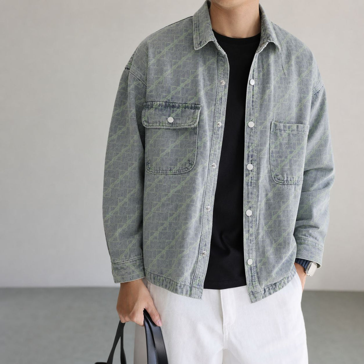 Men's Oversized Denim Jacket with Allover Monogram, Snap Button Closure and Applied Chest Pockets Mune Fashion
