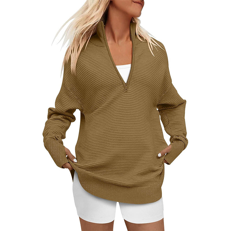Ladies Oversized Fine Knit Sweater with Half Zipper, Stand Collar and Thumb Hole Sleeves Mune Fashion