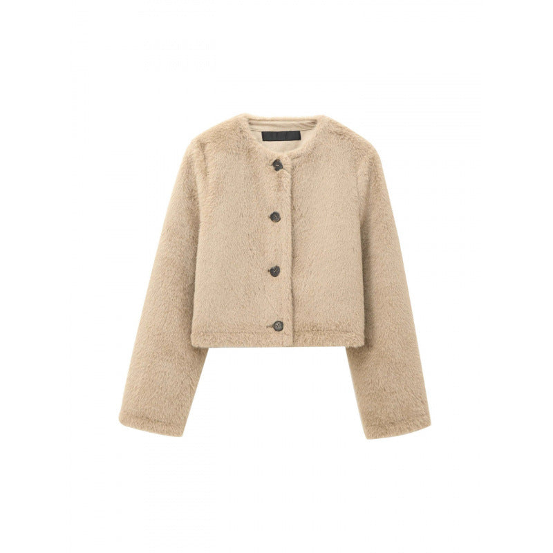 Women's Cropped Teddy Jacket with Straight Hem, Round Neck and Horn Button Closure Mune Fashion