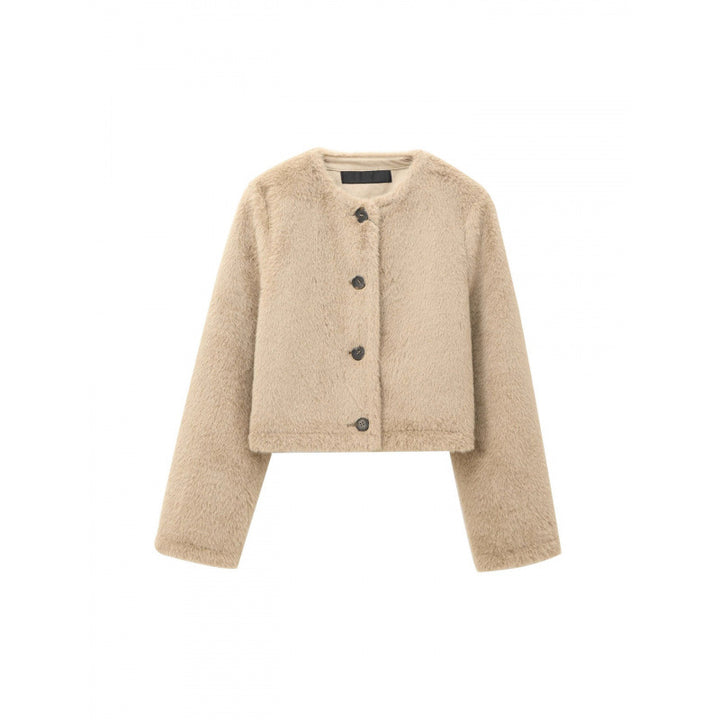Women's Cropped Teddy Jacket with Straight Hem, Round Neck and Horn Button Closure Mune Fashion