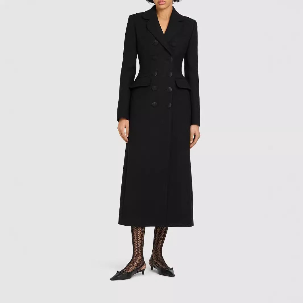 Women's Double-Breasted Tailored Blazer Dress with Maxi Length and Flap Pockets Mune Fashion