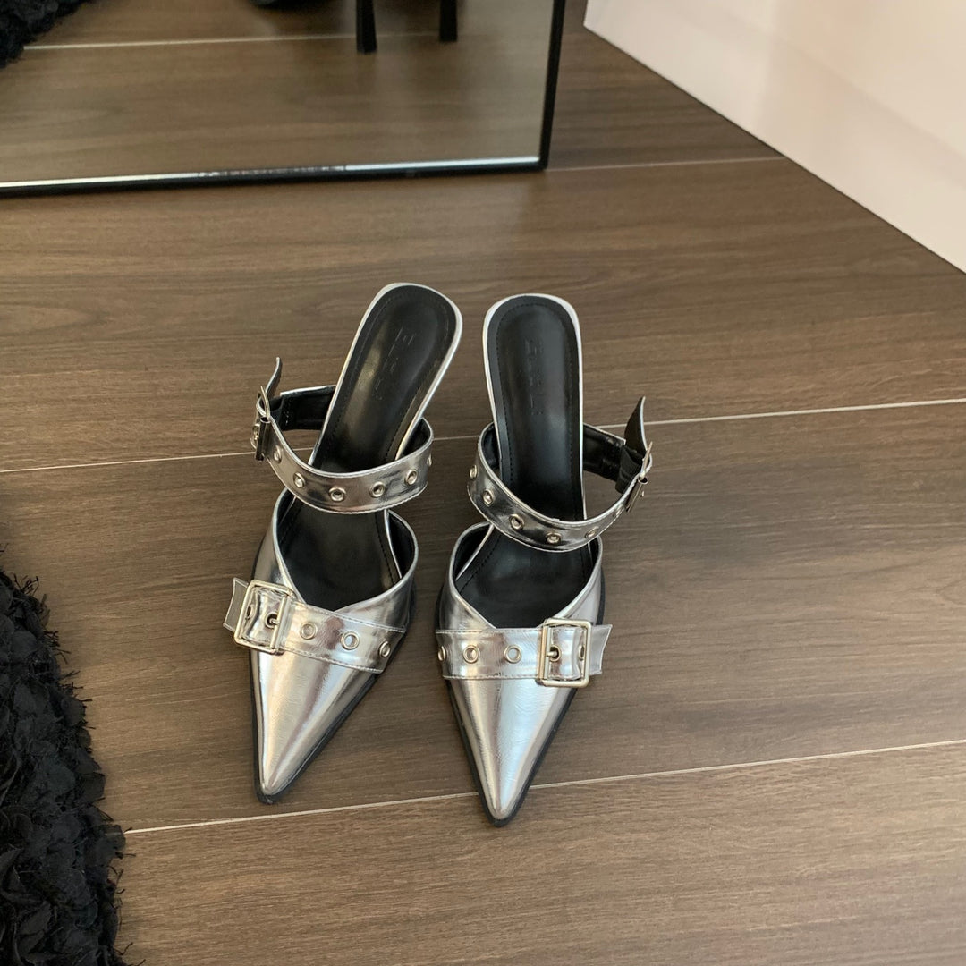 Women's pointed toe mule slippers with double buckle strap, eyelet detail, and low kitten heel Mune Fashion