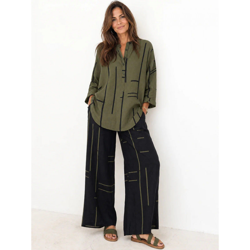 Women Oversized Tunic and Wide Palazzo Pants with Graphic Stripe Print and Henley Collar Mune Fashion