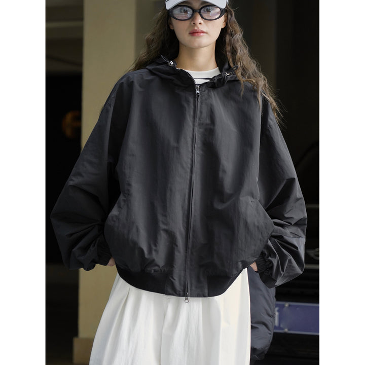 Women's Lightweight Oversized Windbreaker Bomber with Drawstring Hood and Ribbed Hem Mune Fashion