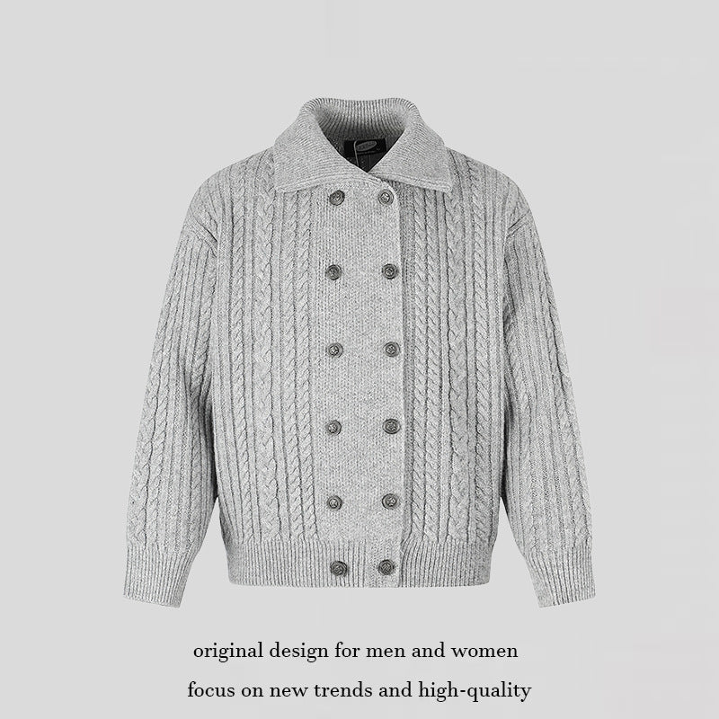 Women's Double-Breasted Cable Knit Cardigan with Shirt Collar and Ribbed Cuffs Mune Fashion