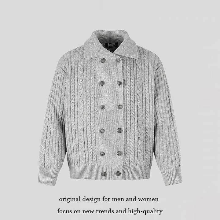 Women's Double-Breasted Cable Knit Cardigan with Shirt Collar and Ribbed Cuffs Mune Fashion