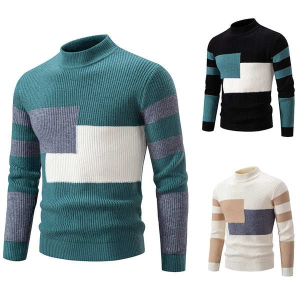 Men's chunky knit sweater with stand-up collar and contrasting block stripe pattern Mune Fashion