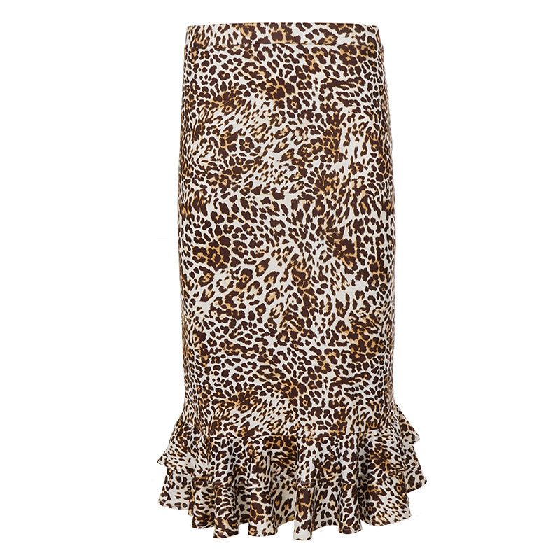 Women's Tailored Midi Skirt with Leopard Print and Double Ruffle Hem Mune Fashion