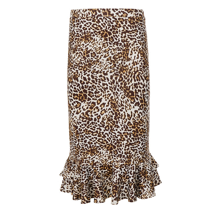 Women's Tailored Midi Skirt with Leopard Print and Double Ruffle Hem Mune Fashion