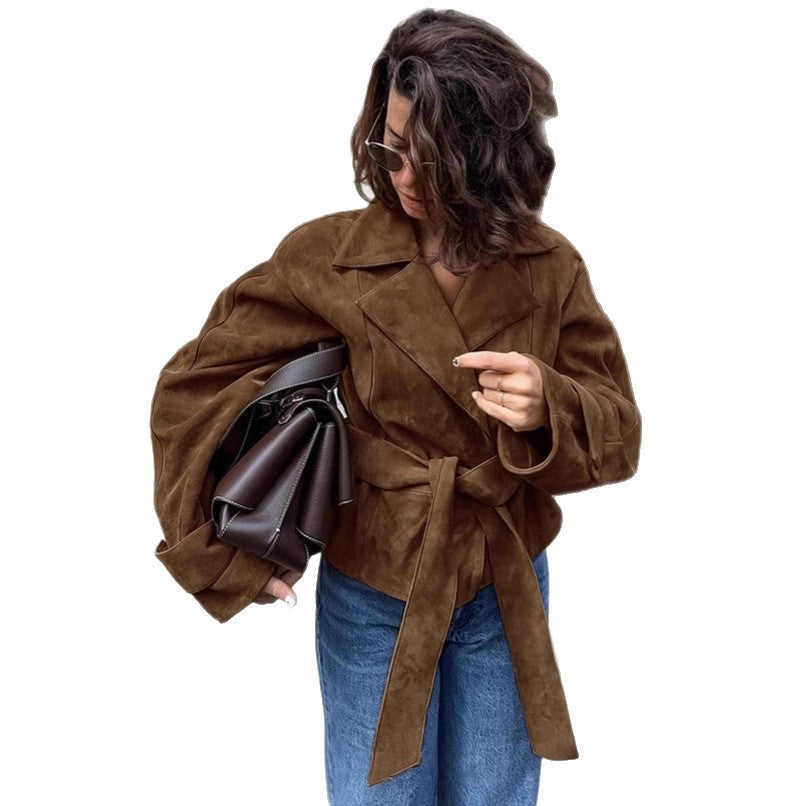 Women's Tailored Suede-Look Short Jacket with Wrap Belt and Long Cuffs Mune Fashion