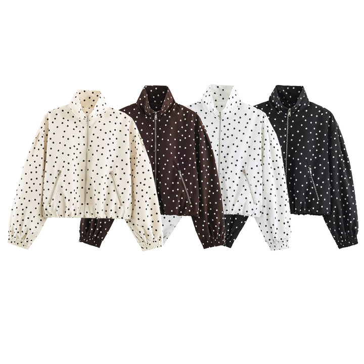 Women short cut dotted bomber jacket with stand collar, zip pockets and elastic hem Mune Fashion