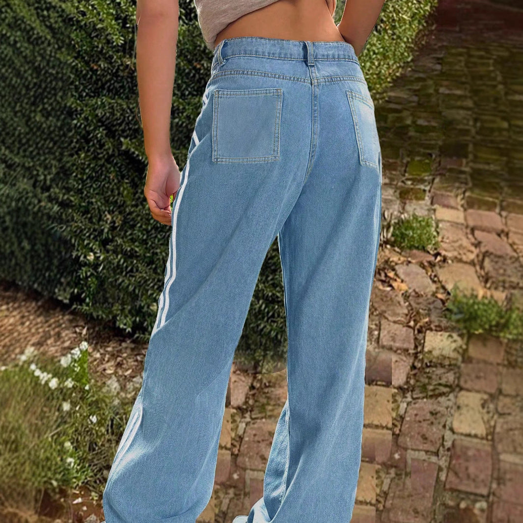 Ladies wide denim jeans with sporty side stripe Mune Fashion