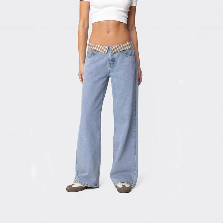 Women's wide flared jeans with turned-up check waistband and classic five-pocket cut Mune Fashion