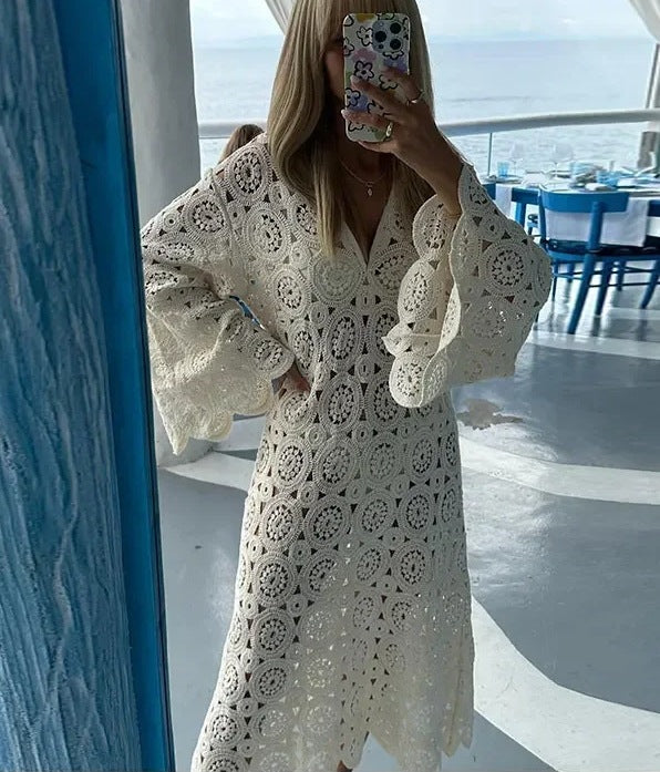 Women's 50+ crocheted maxi dress - kaftan with V-neck, trumpet sleeves and floral lace Mune Fashion