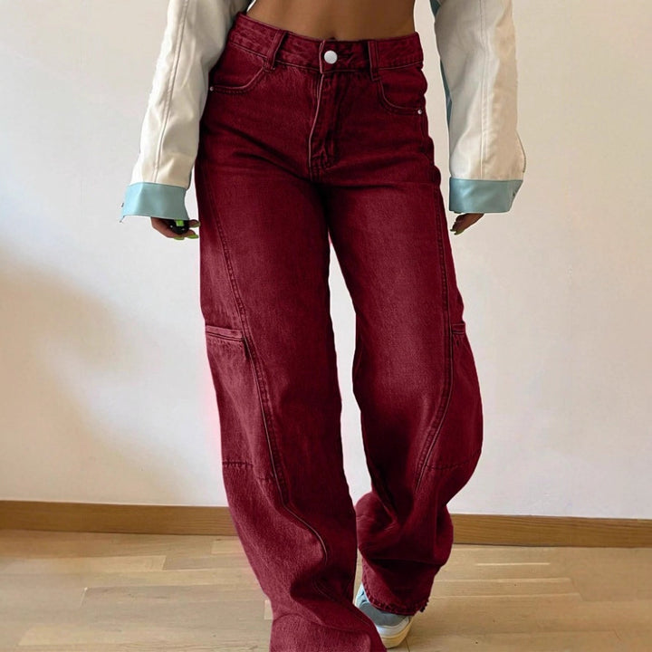Women's High-Waist Wide Cargo Denim Pants with Seam Panels and Baggy Silhouette Mune Fashion