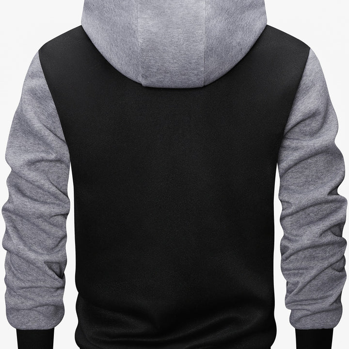 Men's varsity hooded jacket in college look with print, snap button front and contrast sleeves Mune Fashion