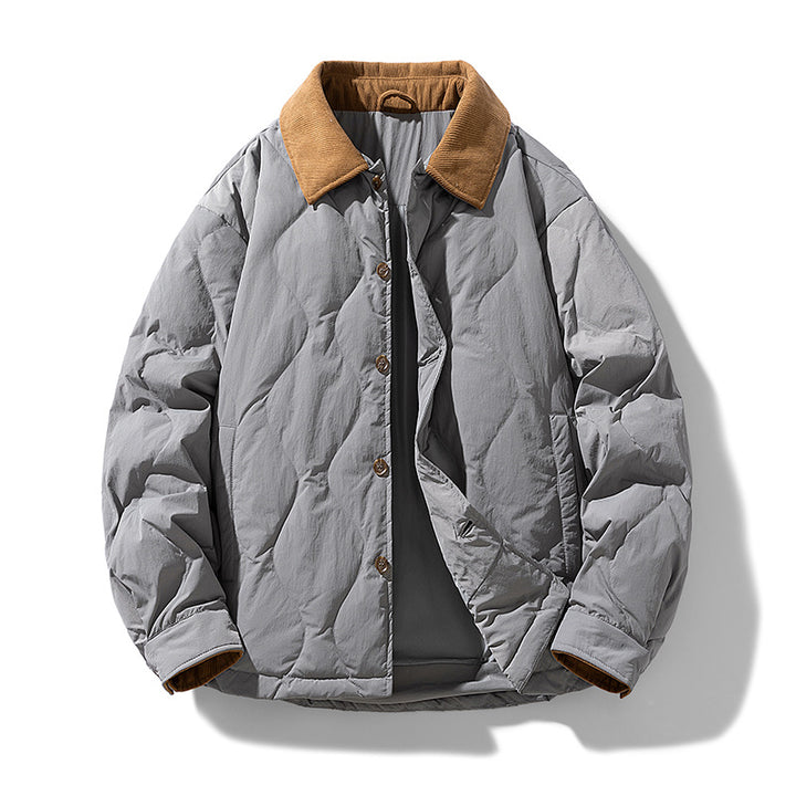 Men's Quilted Padded Jacket with Corduroy Collar and Button Placket Drune