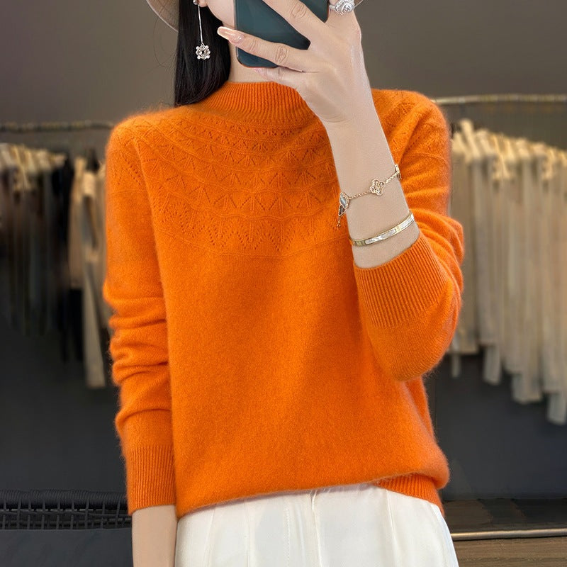 Women's Cozy Mohair Look Pullover with Decorative Structure on the Top and High Collar Mune Fashion