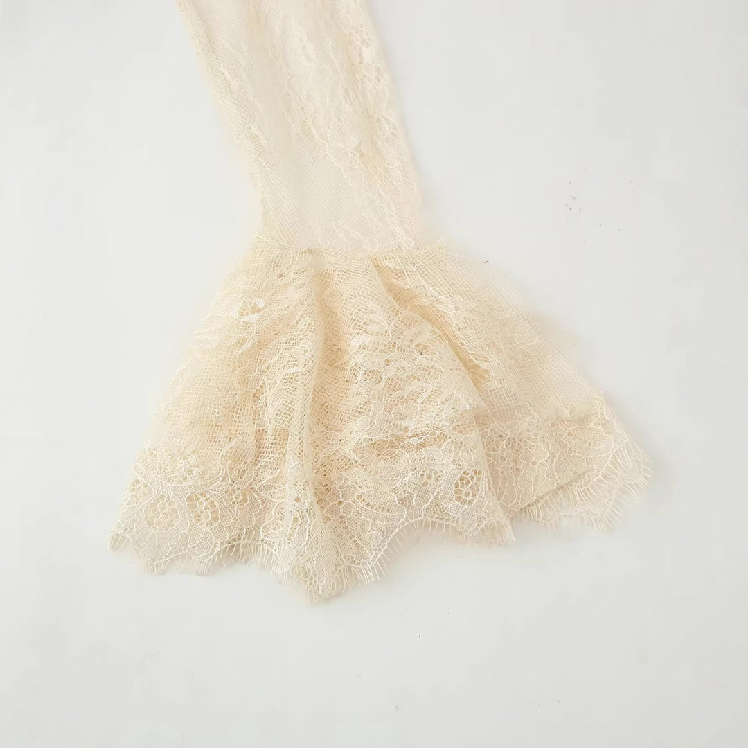 Women Elegant Slip Dress with Lace Overlay, Stand Collar and Ruffled Sleeves Mune Fashion