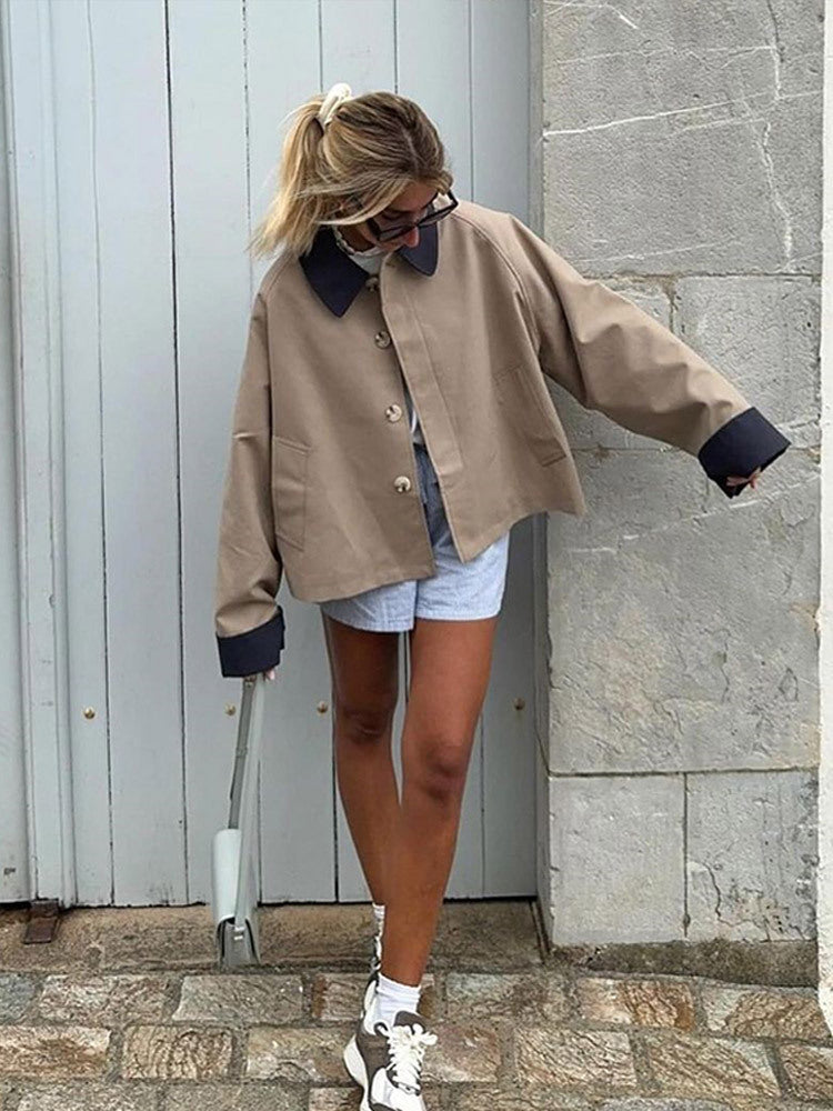 Women's Boxy Transitional Jacket with Contrast Collar, Concealed Button Placket, and Extended Sleeves Mune Fashion