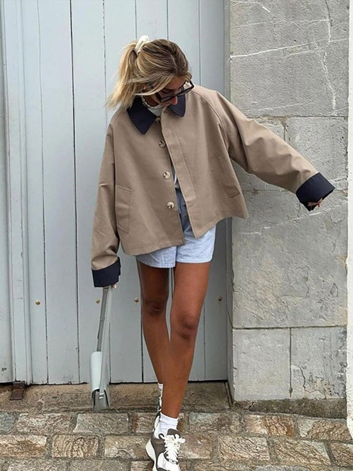 Women's Boxy Transitional Jacket with Contrast Collar, Concealed Button Placket, and Extended Sleeves Mune Fashion