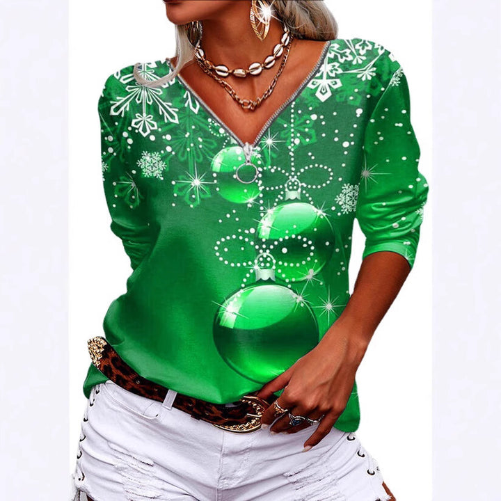 Women's Casual V-Neck Long Sleeve with Festive Ball and Snowflake Print Mune Fashion
