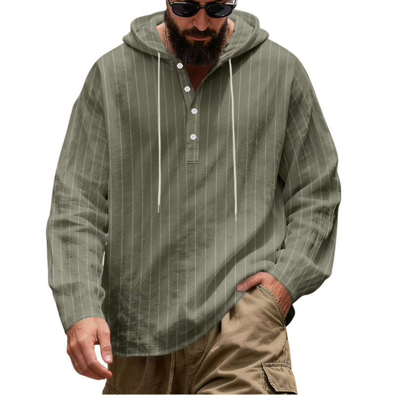 Men's Casual Hoodie Henley Shirt with Fine Pinstripes and Button Placket Mune Fashion