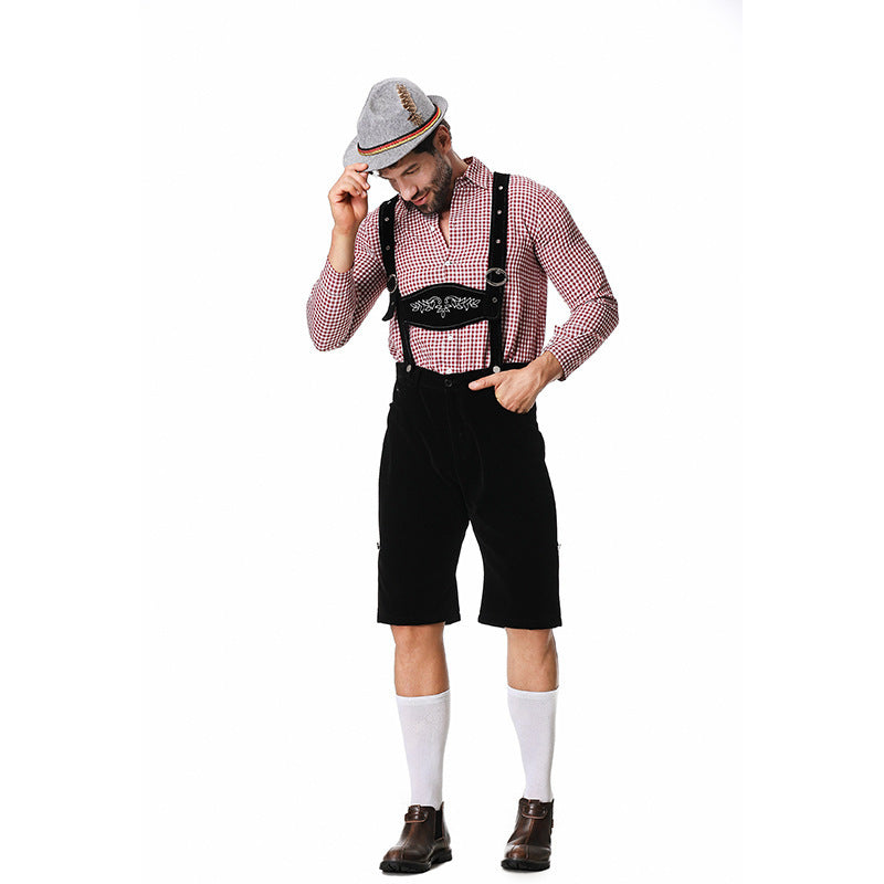 Men's short traditional leather trousers in suede look with embroidered bib and adjustable straps Mune Fashion