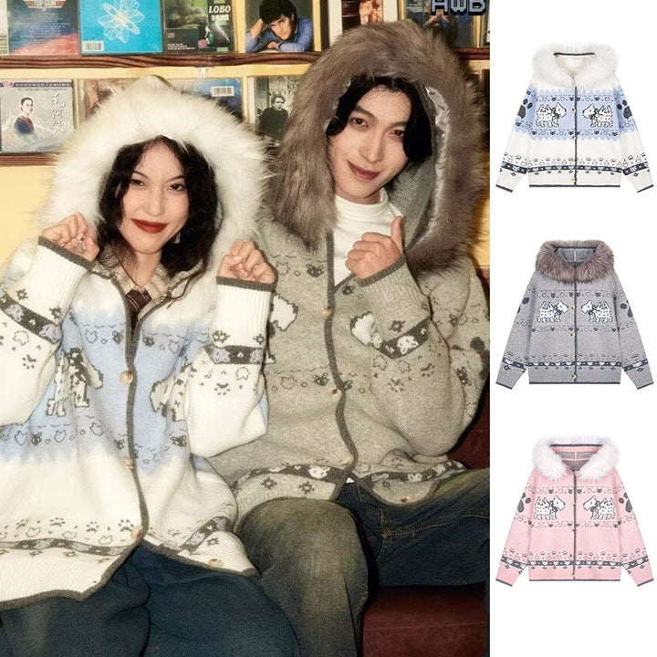 Ladies Cozy Cardigan with Animal Pattern and Fur Collar Mune Fashion