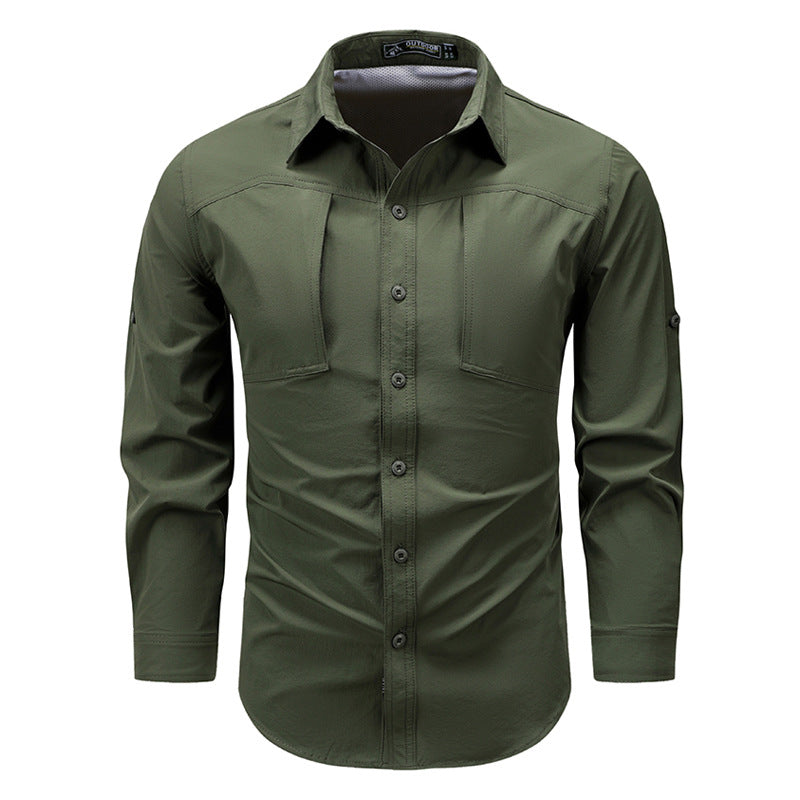 Men's lightweight technical outdoor shirt with roll-up sleeves, chest pockets, and breathable ripstop fabric