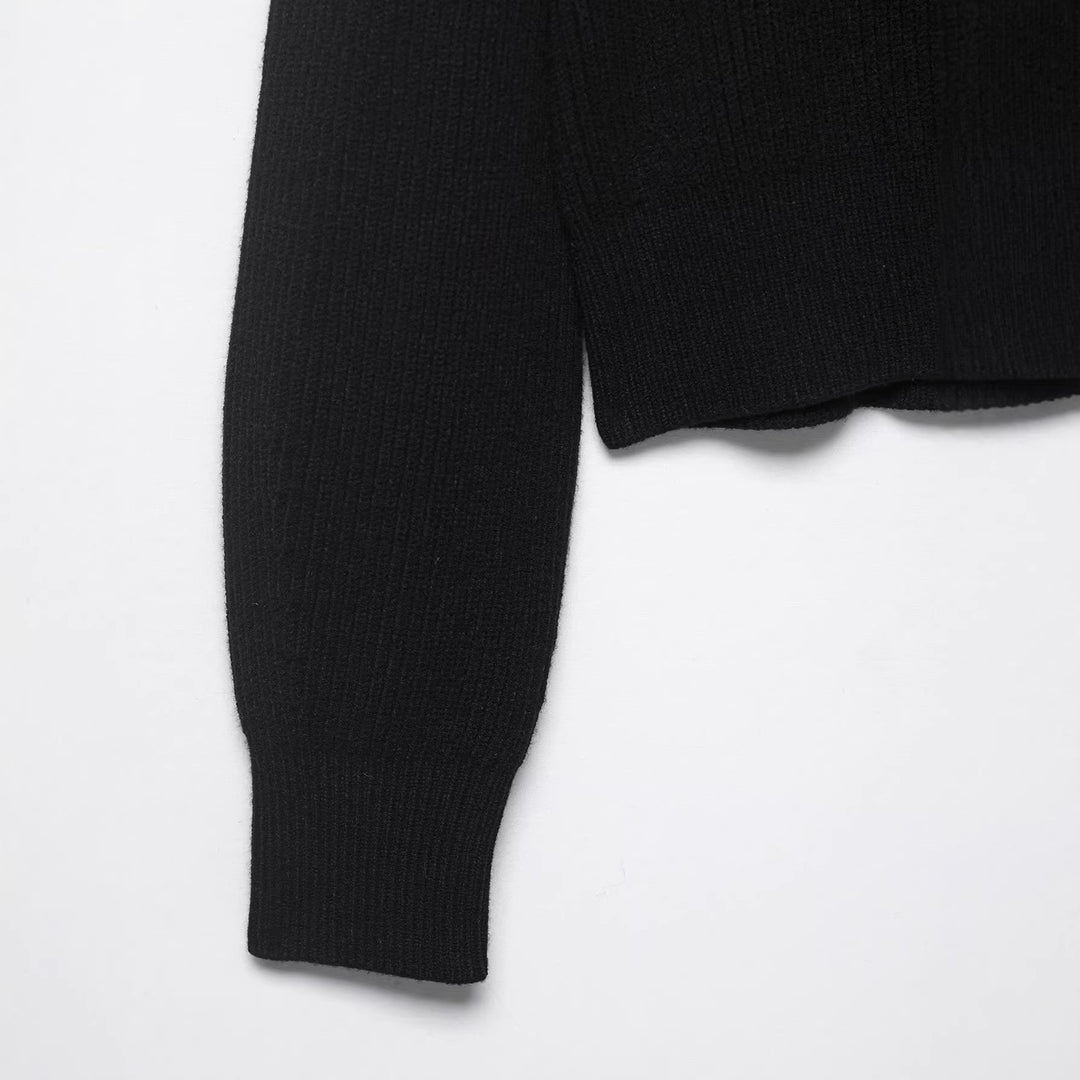 Women Knitted Cropped Sweater with Cut-Out Shoulders and Bead Embellishment Mune Fashion