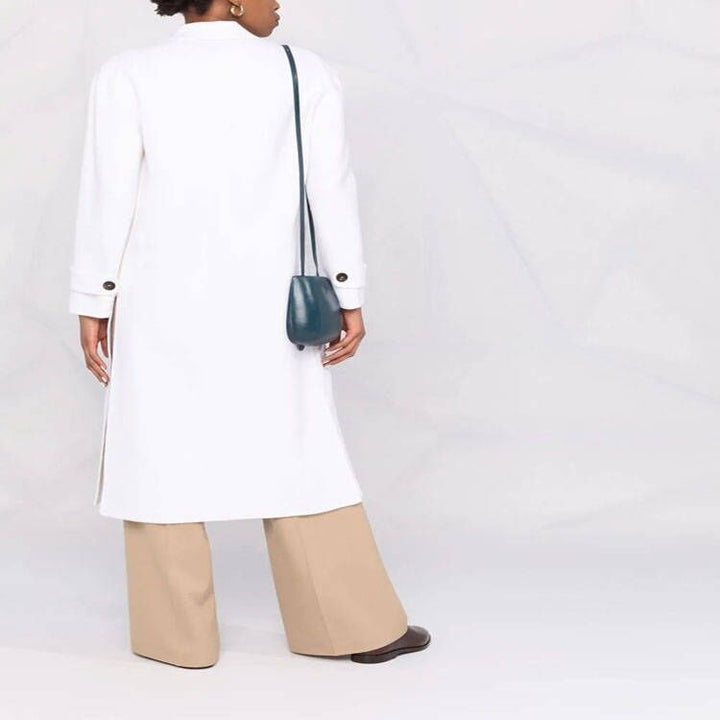 Women Double-breasted Midi Coat in Modern Tailoring with Extended Lapels and Patch Pockets Mune Fashion