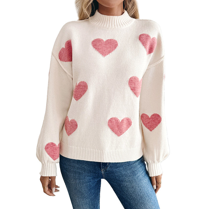 Women's Cozy Knit Sweater with Heart Jacquard and High Collar Mune Fashion