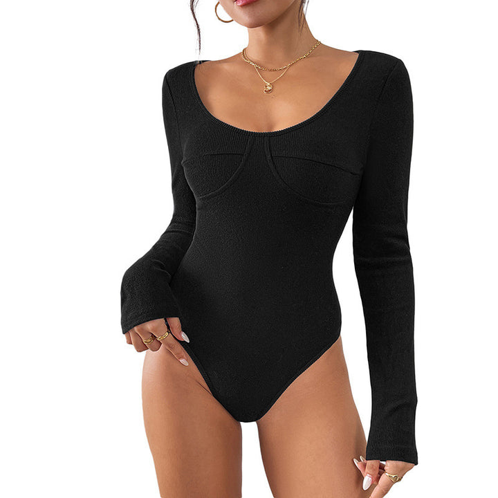 Women's Long Sleeve Bodysuit with V-Neck and Ribbed Knit Mune Fashion