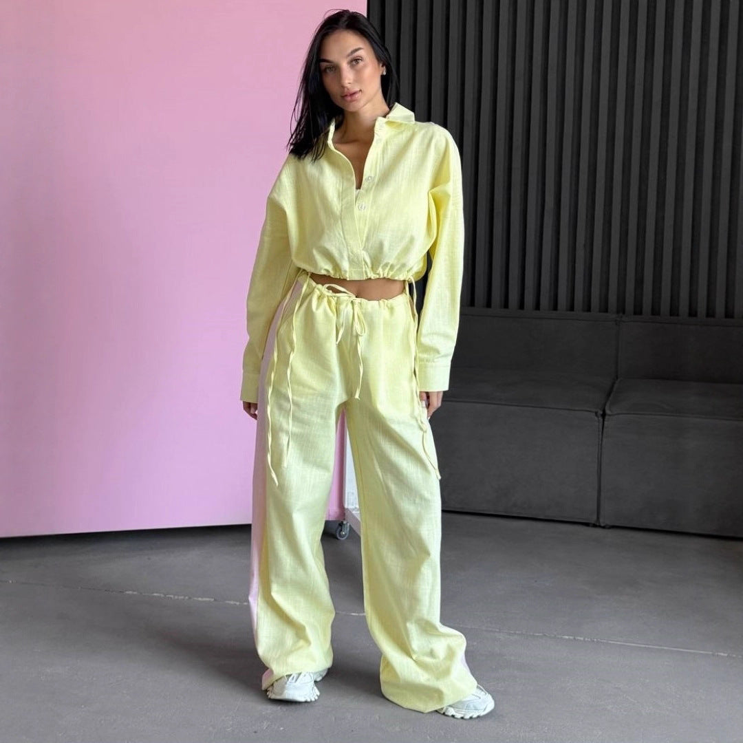 Women's short shirt with drawstring and wide high-cut linen pants set Mune Fashion
