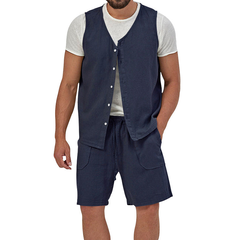 Men's two-piece leisure set with sleeveless button vest and wide drawstring shorts with patch pockets Mune Fashion
